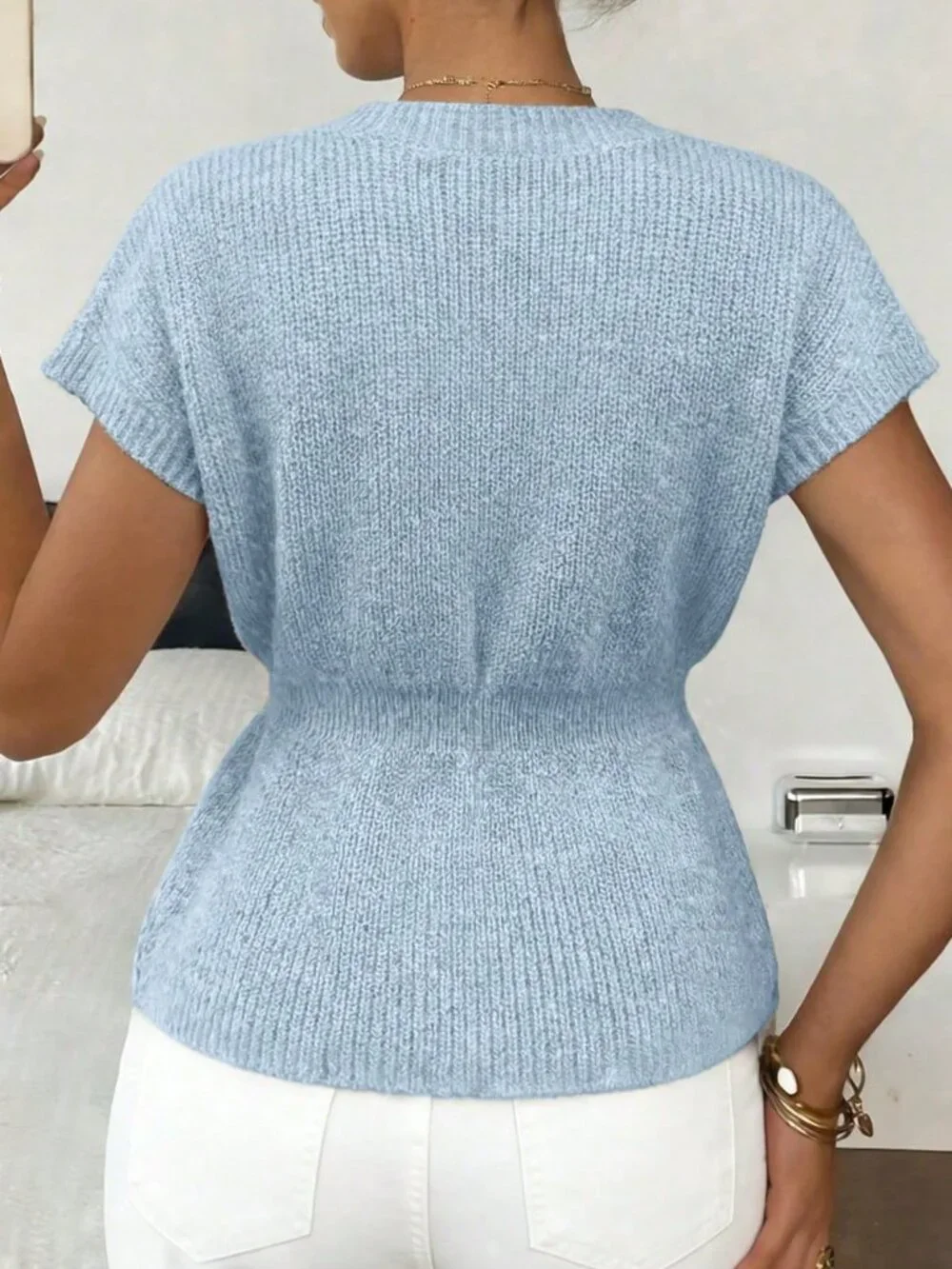 Baby Blue Casual Women's V-Neck Knit Top - Picture 2 of 7